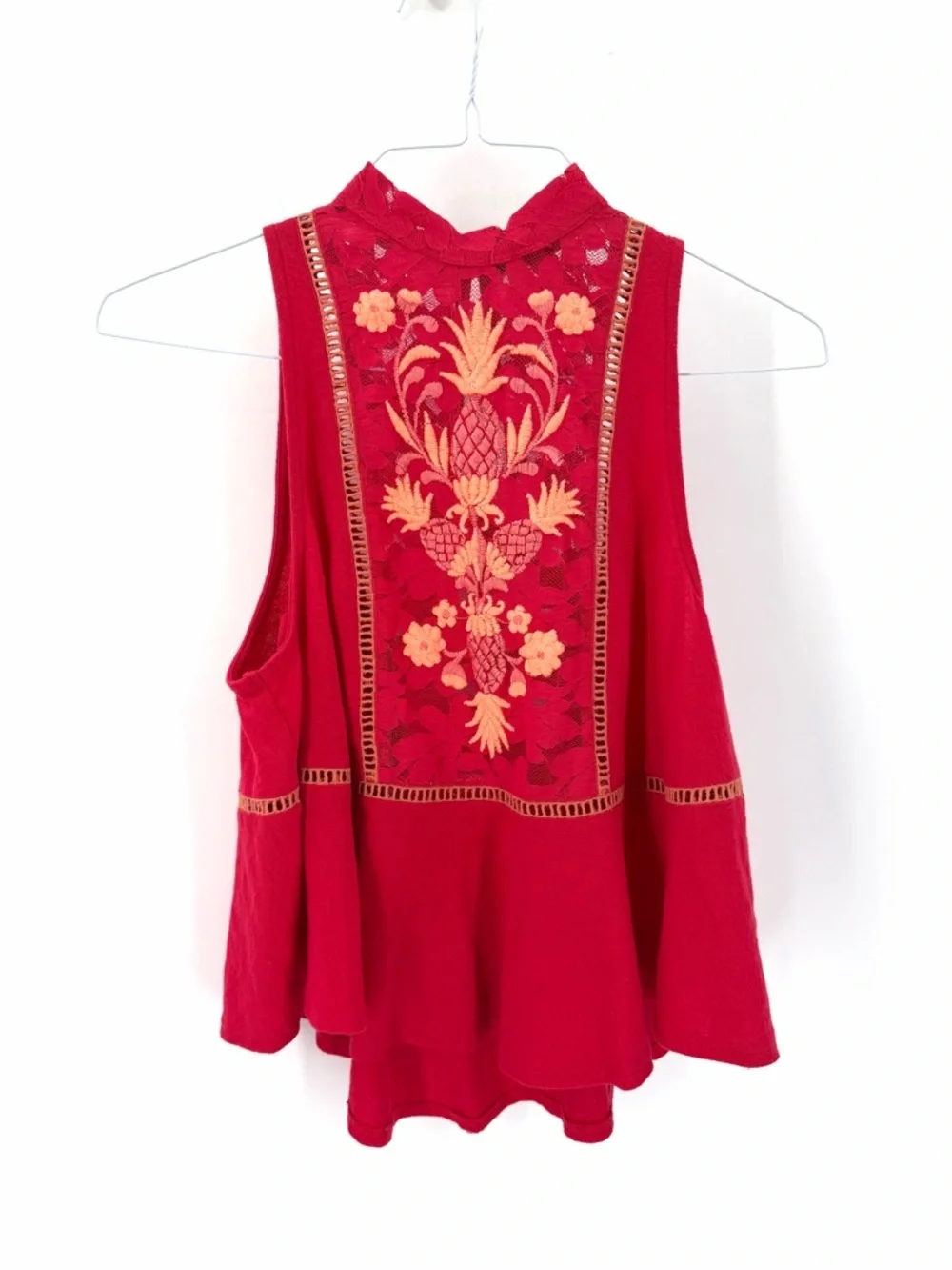 Free People Boho Cottagecore Pineapple Lace Embroidered Flora Swing Tank Top - Picture 3 of 8